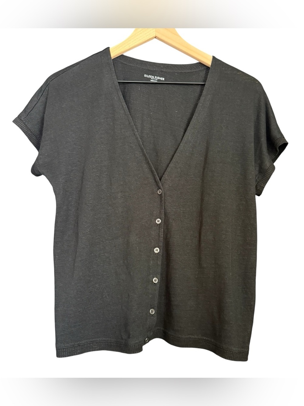 Eileen Fisher Black 100% Linen Knit Short-Sleeve Button-Front V-Neck Top